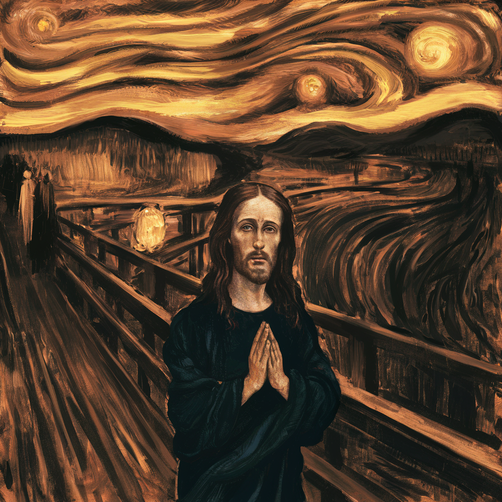 [Free JPG] Portrait of Jesus | A surreal and captivating painting that reimagines Edvard Munch's iconic work "The Scream"