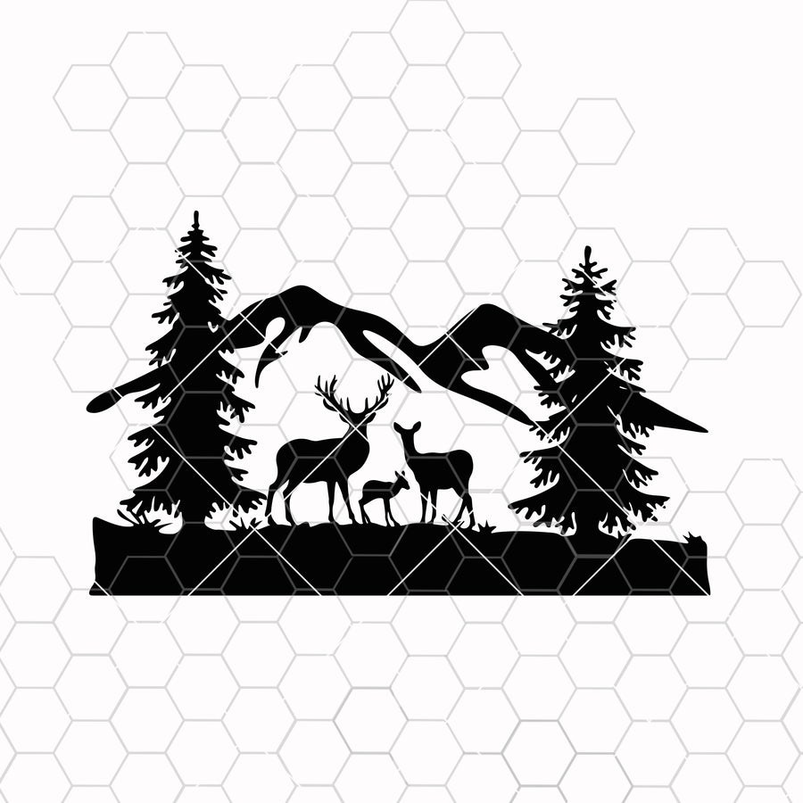 Deer Clipart Silhouettes Scene, country nature svg, wood svg, tree svg cricut, Hunting svg, Nature Scene dxf png svg eps pdf, Mountain Svg