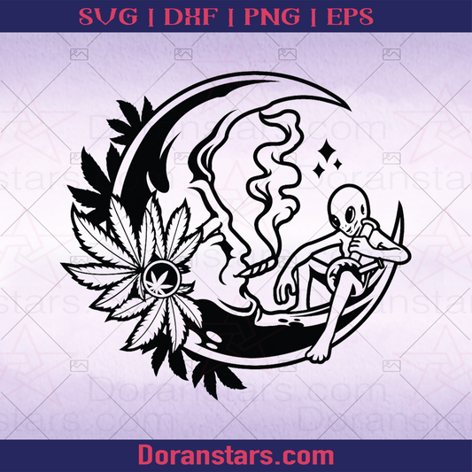 Cannabis Alien chilling With The Moon logo, Svg Files For Cricut, Dxf, Eps, Png, Cricut Vector, Digital Cut Files Download