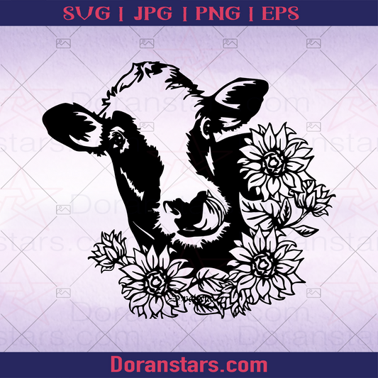 Flower Cow Silhouette, Happy Cow logo, Svg Files For Cricut, Dxf, Eps, Png, Cricut Vector, Digital Cut Files Download