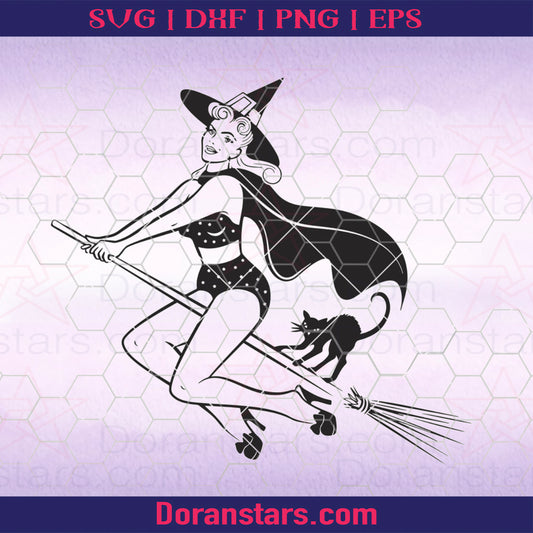 Halloween pinup Witch Black Cat svg