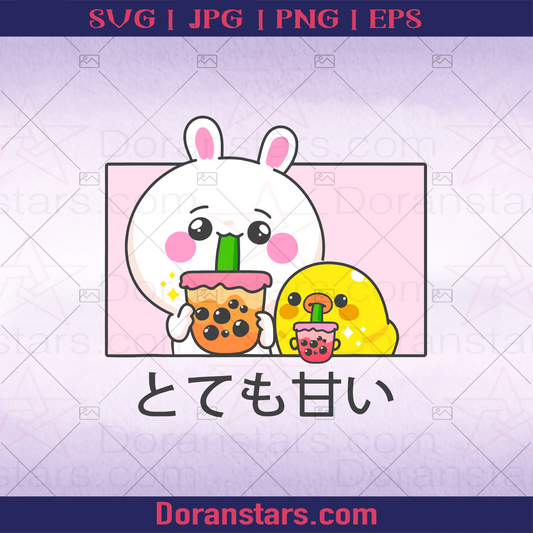 Kawaii cute anime bunny and duck drinking bubble tea logo, Svg Files For Cricut, Dxf, Eps, Png, Cricut Vector, Digital Cut