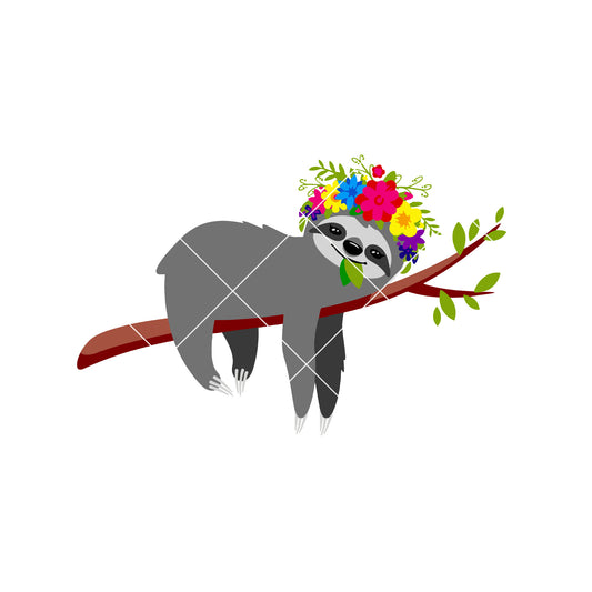 Sloth with Flower Crown Digital Cut Files Svg, Dxf, Eps, Png, Cricut Vector, Digital Cut Files Download